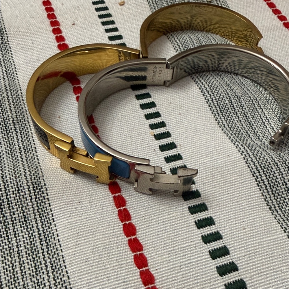 Hermes Gold & Turquoise Enamel H Cuff Bracelets (Set of 2) - Picture 6 of 7